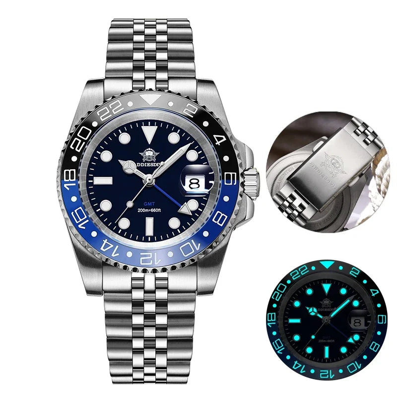 Reloj ADDIESDIVE AD2050 de lujo con GMT, acero inoxidable, súper luminoso, resistencia al agua de 20 bares, reloj de cuarzo para hombre con bisel de cerámica