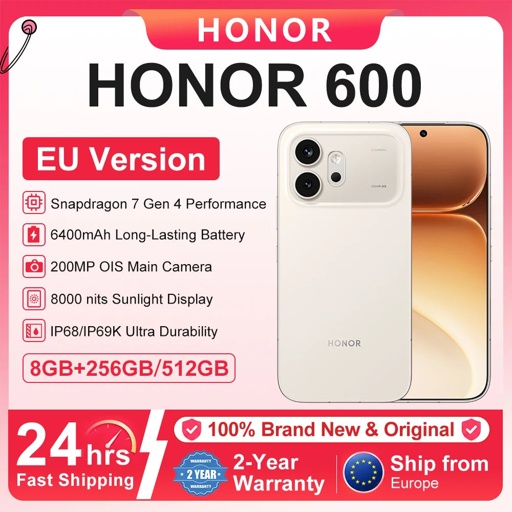 Smartphone Honor 600 5G versión UE, Snapdragon 7 Gen4, pantalla AMOLED de 6,57”, 6400 mAh, carga ultrarrápida de 80 W, 8 GB+256 GB/512 GB, cámara ultra nocturna con IA de 200 MP, OIS, diseño unibody de metal, NFC, IP68