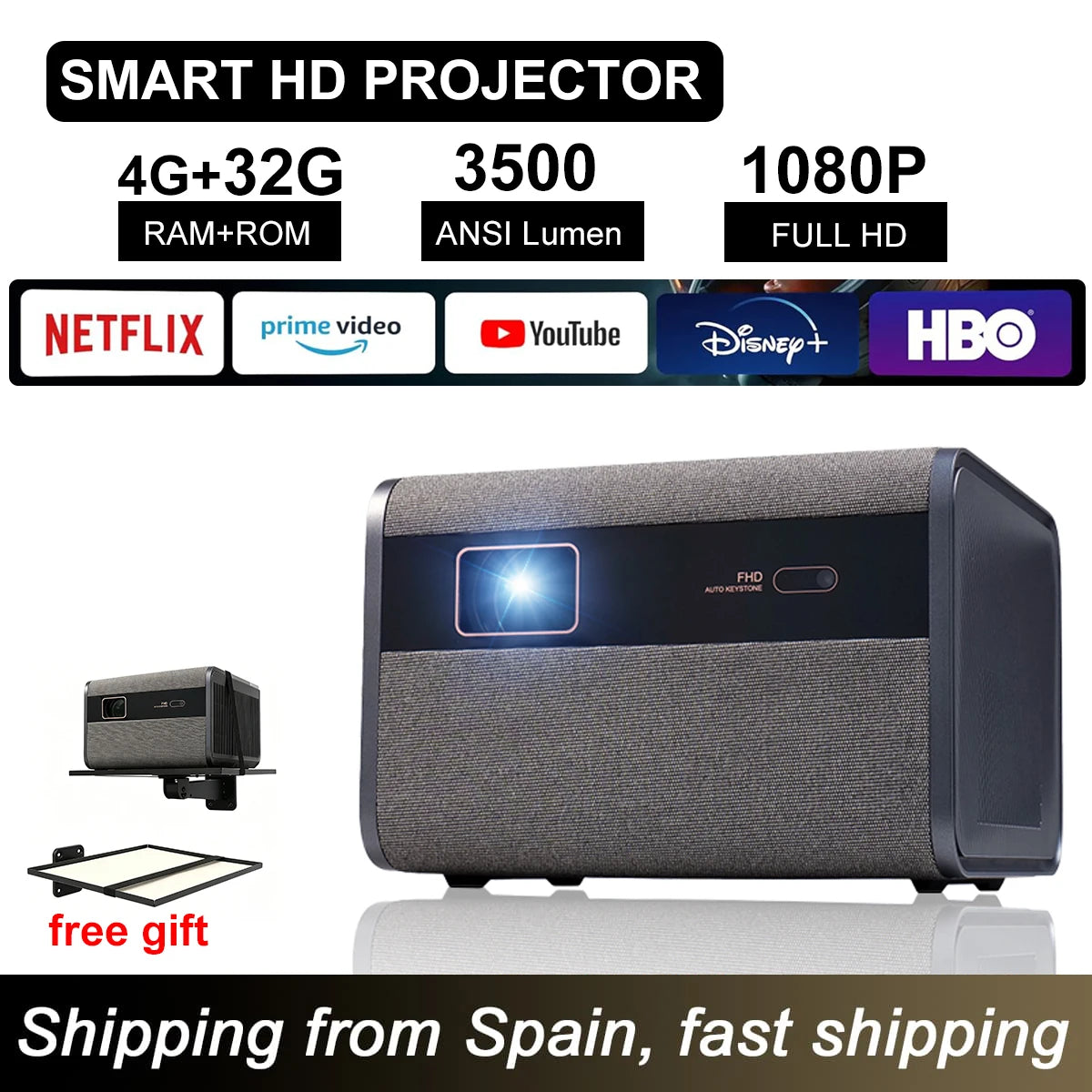 Proyector HD Portátil DITONG J10 Compatible con Películas 4K Full HD, Videojuegos, 4G, 32G, Cine en Casa, WiFi, Android Beam, PK Proyector DLP