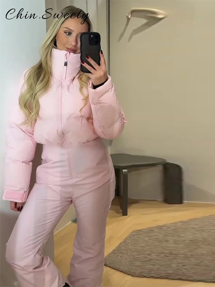 Mono de esquí cálido para mujer con cinturón, cuello alto, manga larga, cremallera, corte recto, grueso, ropa elegante de invierno 2026