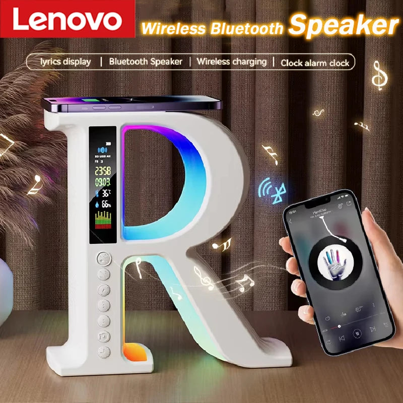 Altavoz Bluetooth Lenovo Cargador inalámbrico Multifuncional Color Atmósfera RGB Reloj de escritorio Luz nocturna Reloj digital LED Conexión de tarjeta