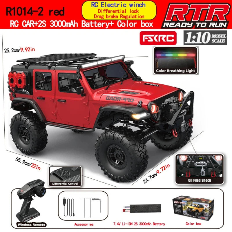 Camioneta RC todoterreno roja 1:10 con cabrestante eléctrico y llantas grandes