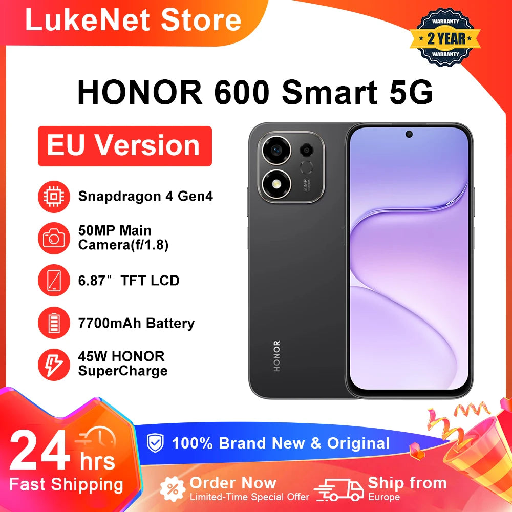 Smartphone HONOR 600 Smart 5G, batería de 7700 mAh, SuperCharge de 45 W, Snapdragon 4 Gen 4, MagicOS 10, pantalla de 6.87", cámara trasera de 50 MP