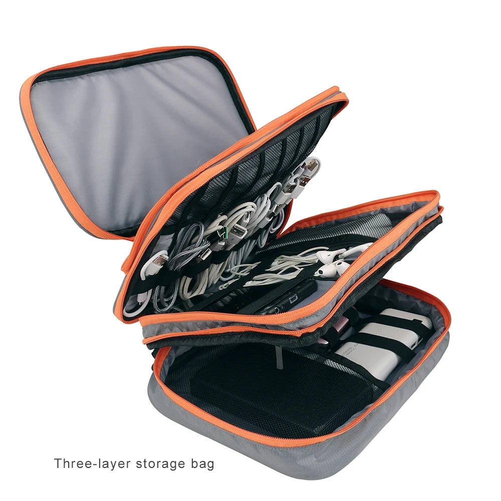 Organizador de accesorios electrónicos multicapa, bolso de almacenamiento con bolsillo frontal, organizador de cables de viaje de gran capacidad para iPad