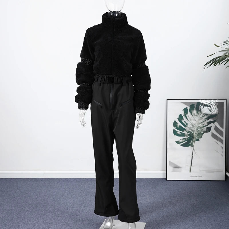 Traje de esquí de una pieza para mujer con parches de piel sintética, mono térmico de invierno para nieve, pantalones acampanados, cinturón, atuendo para snowboard, ropa de esquí para mujer.