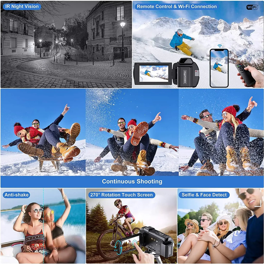 Videocámara 8K de 64MP con Visión Nocturna IR de 18X, Grabadora de Video Digital, Pantalla Táctil Giratoria de 3.0'', Wi-Fi, Vlogging, Transmisión en Vivo, Cámara Web