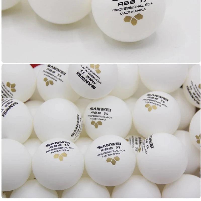 100 Uds SANWEI pelotas de tenis de mesa de 3 estrellas ABS nuevos materiales 40 + costura de etiqueta dorada pelotas de Ping Pong de alto rebote y duraderas para entrenamiento
