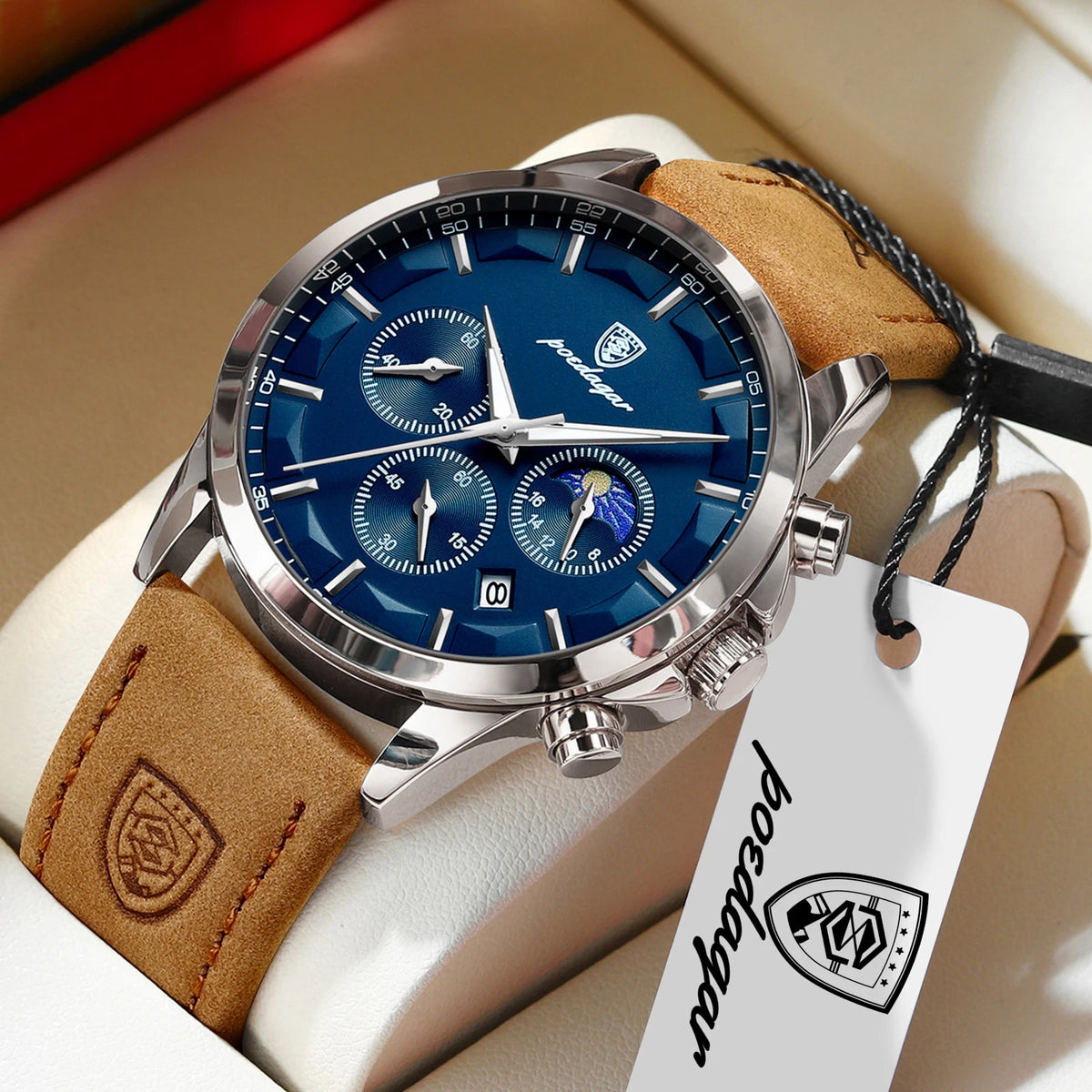 Reloj de pulsera para hombre POEDAGAR, deportivo y de lujo, con cronógrafo, resistente al agua, luminoso, con fecha y correa de piel, ideal para negocios.