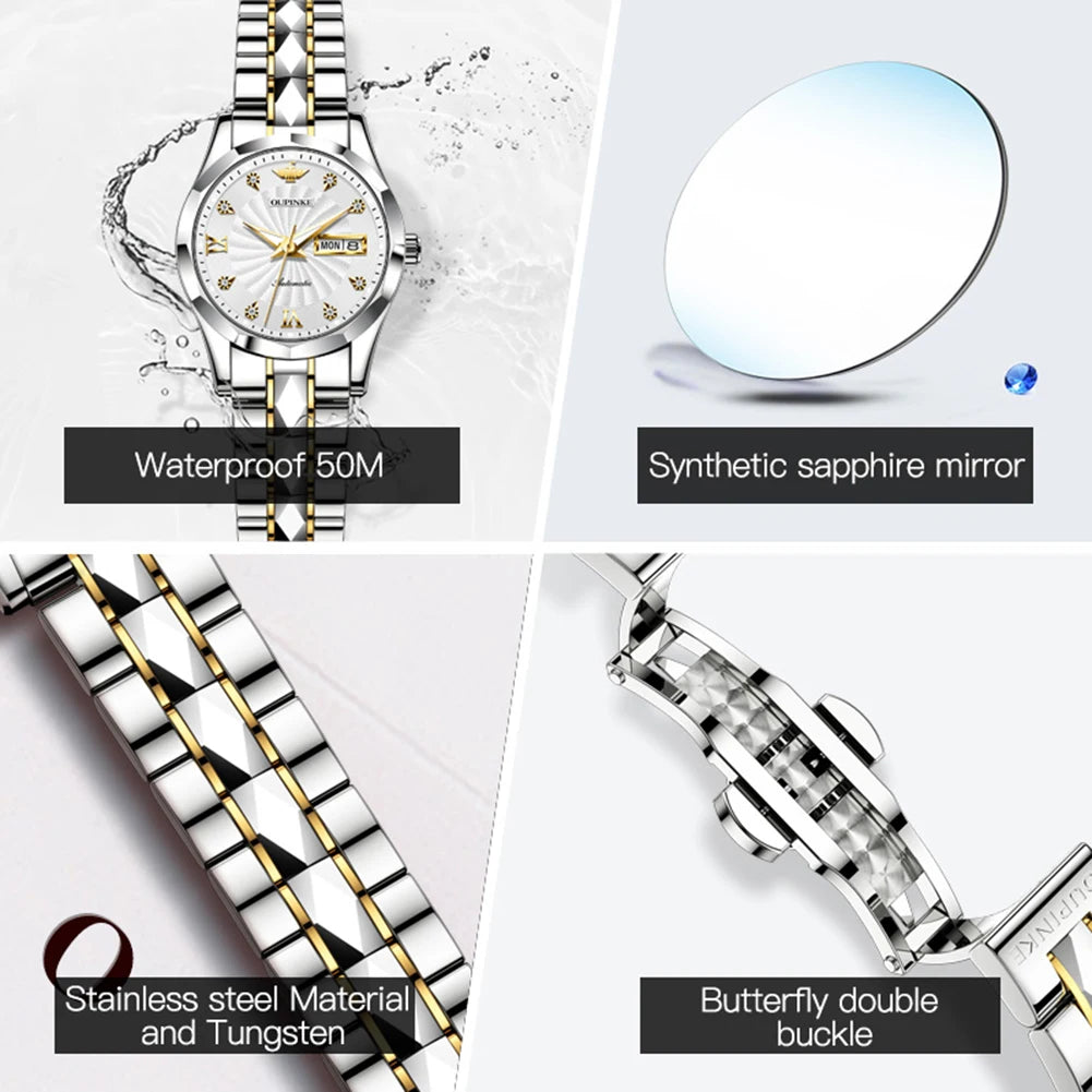 OUPINKE 3169 Reloj mecánico automático de lujo, elegante y moderno para mujer, con calendario de día y fecha, resistente al agua, regalo original