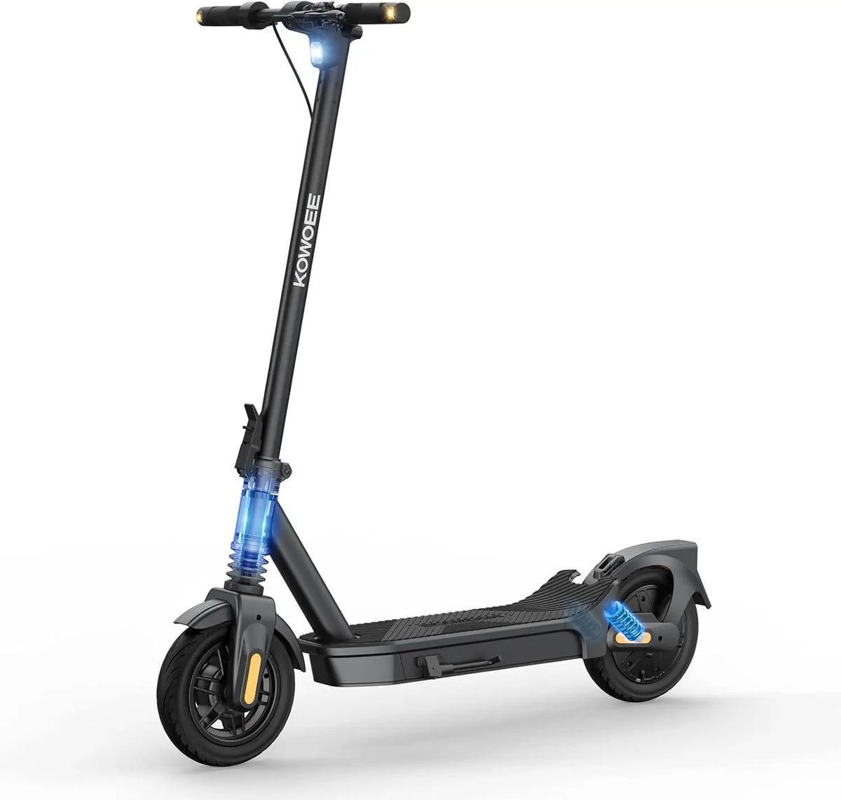 Patinete eléctrico plegable KOVEWEL negro con manillar y dos ruedas; vista lateral.