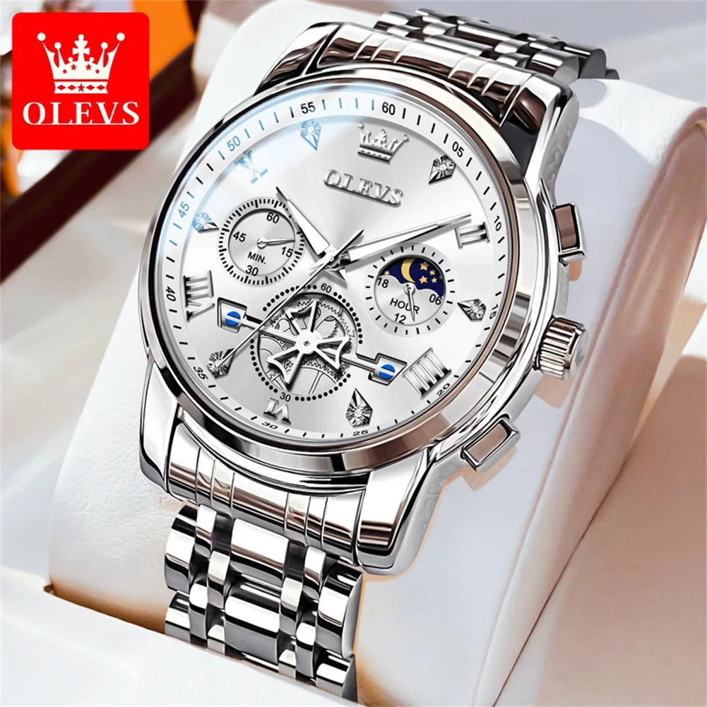 Relojes de cuarzo OLEVS 2856 para hombre, diseño de volante de moda, cronógrafo, resistente al agua, luminoso, calendario, fase lunar, relojes de pulsera para hombre