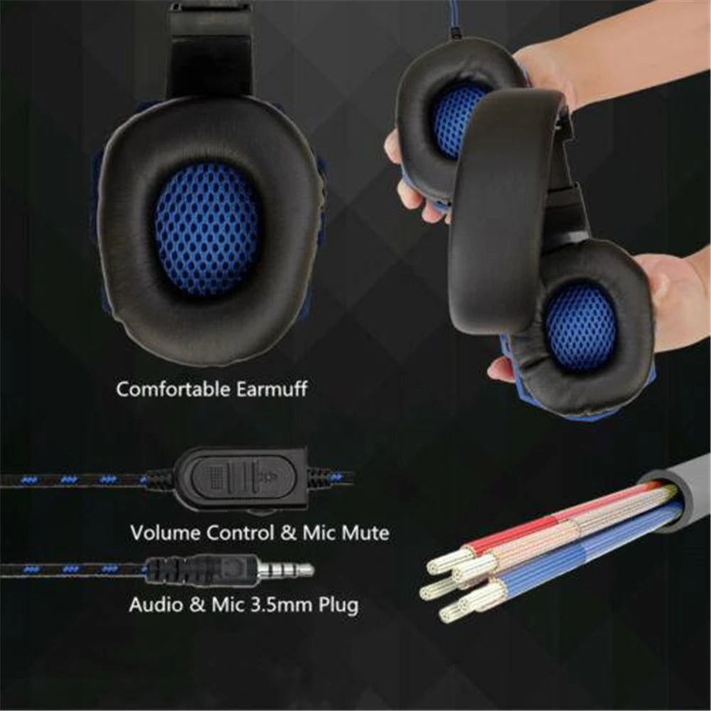 Auriculares gaming con almohadillas acolchadas y malla azul; control de volumen y conector 3.5 mm.