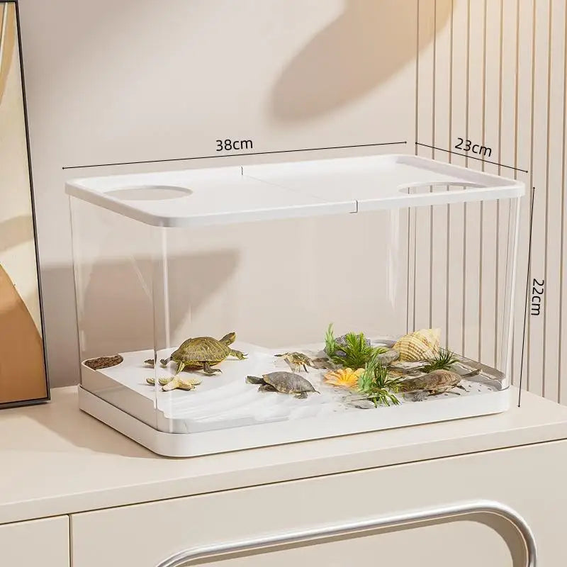 【E】Mini pecera de PET transparente, acuario hidropónico resistente a caídas con tapa, tanque ecológico de escritorio para el hogar, acuario fácil de mantener para tortugas