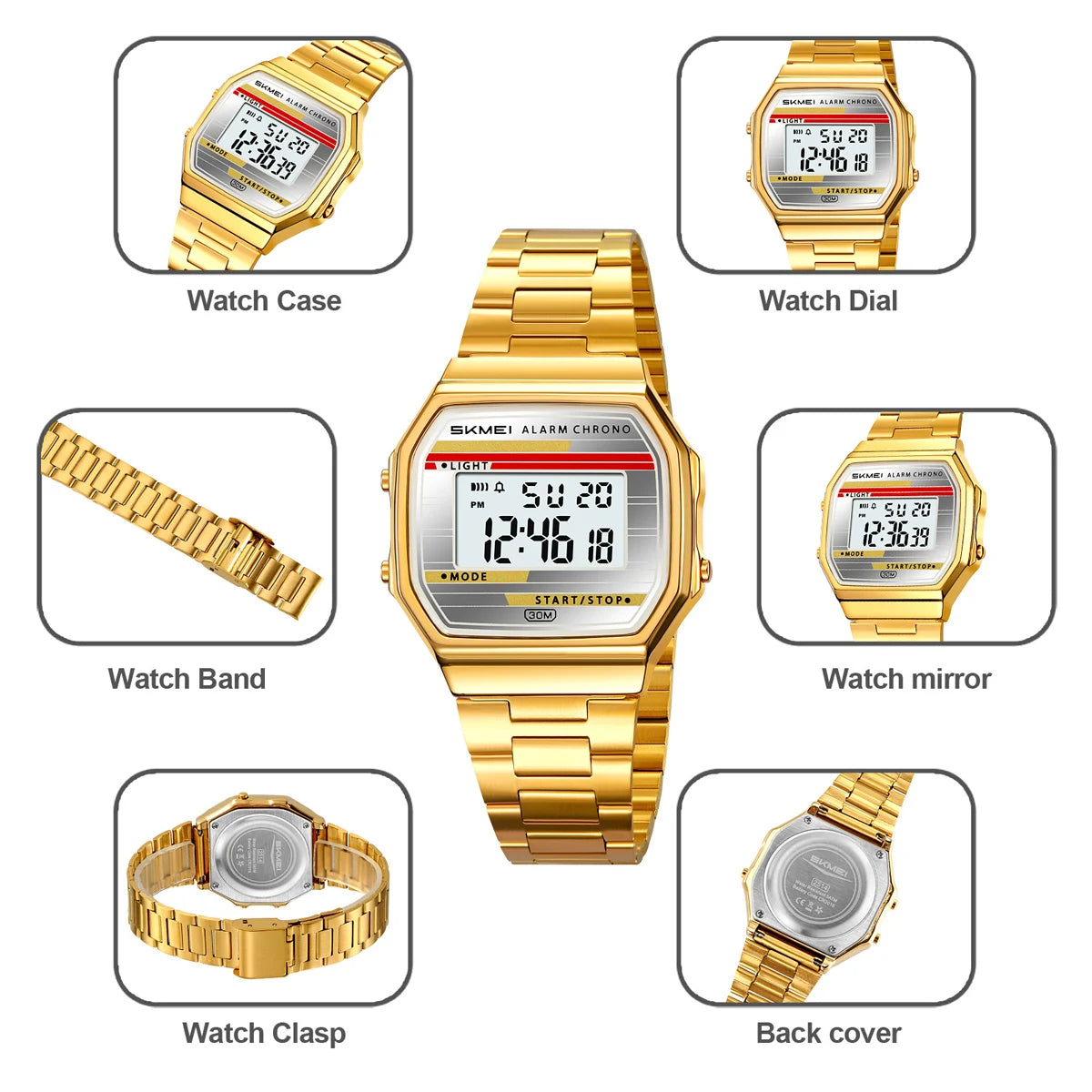 Reloj digital electrónico clásico SKMEI 2514 con cronómetro y alarma, estilo retro para hombre