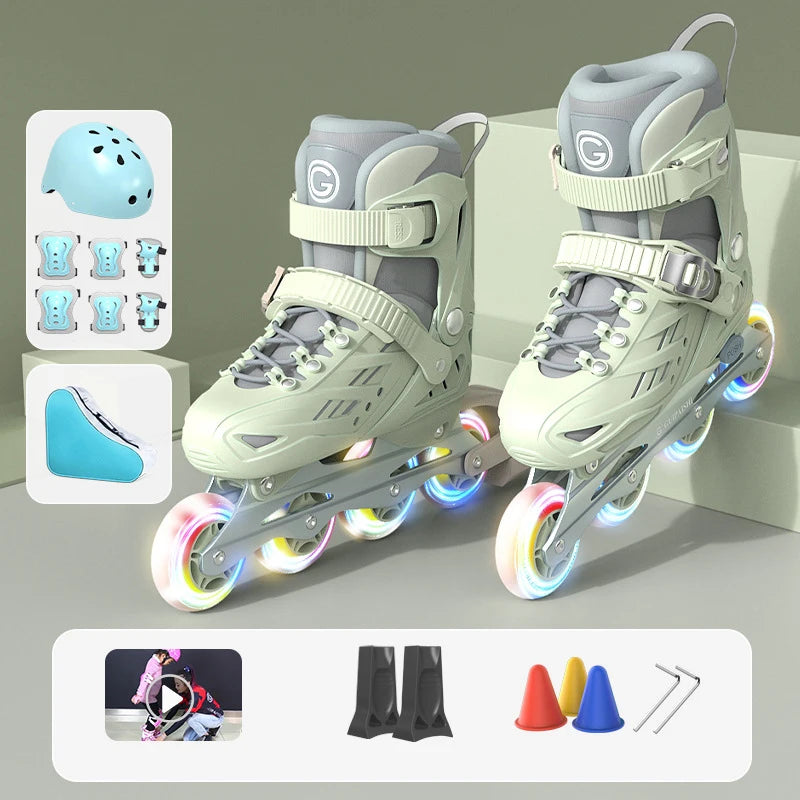 Patines en Línea con 4 Ruedas y Luces Intermitentes, con Juego Completo de Protección, Casco, Rodilleras, Coderas, Bolsa de Transporte, Talla Ajustable para Niños y Niñas