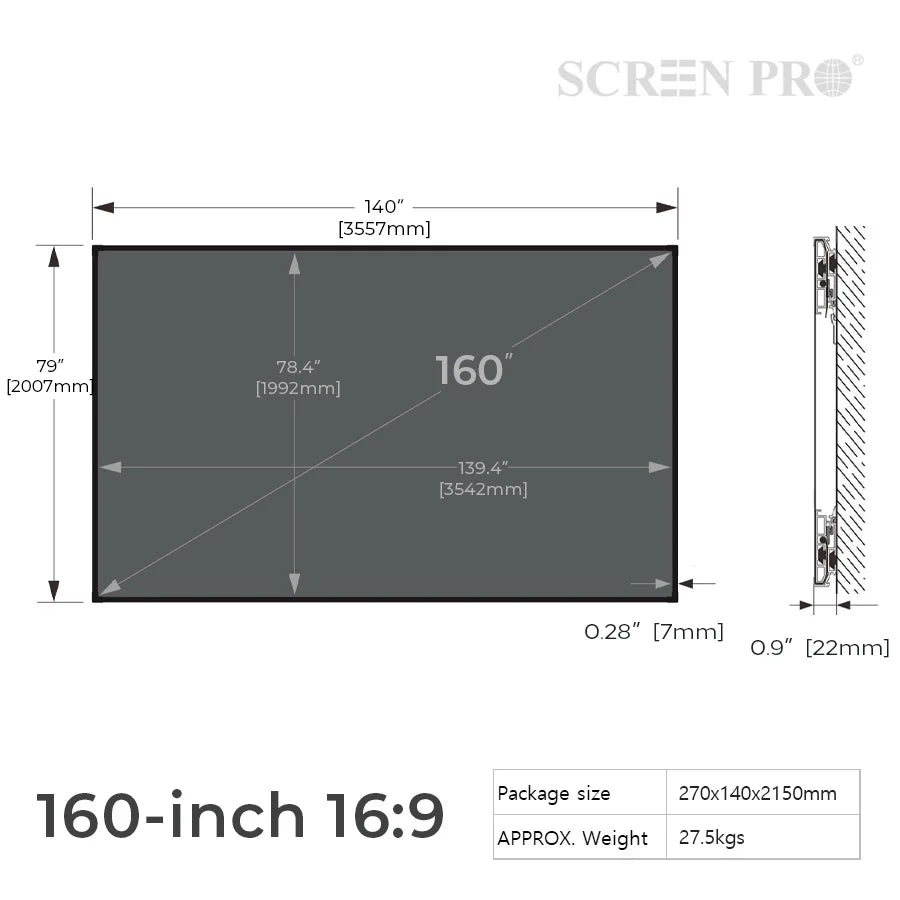 Pantalla de proyector ALR 16:9 gris de 160 pulgadas, con dimensiones