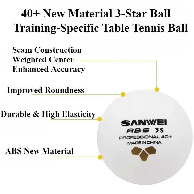 100 Uds SANWEI pelotas de tenis de mesa de 3 estrellas ABS nuevos materiales 40 + costura de etiqueta dorada pelotas de Ping Pong de alto rebote y duraderas para entrenamiento