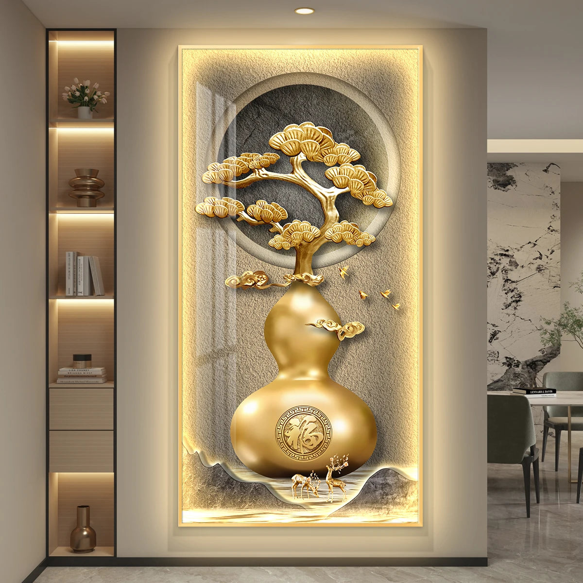 Cuadro mural iluminado con marco dorado y figura de calabaza dorada con árbol y ramas