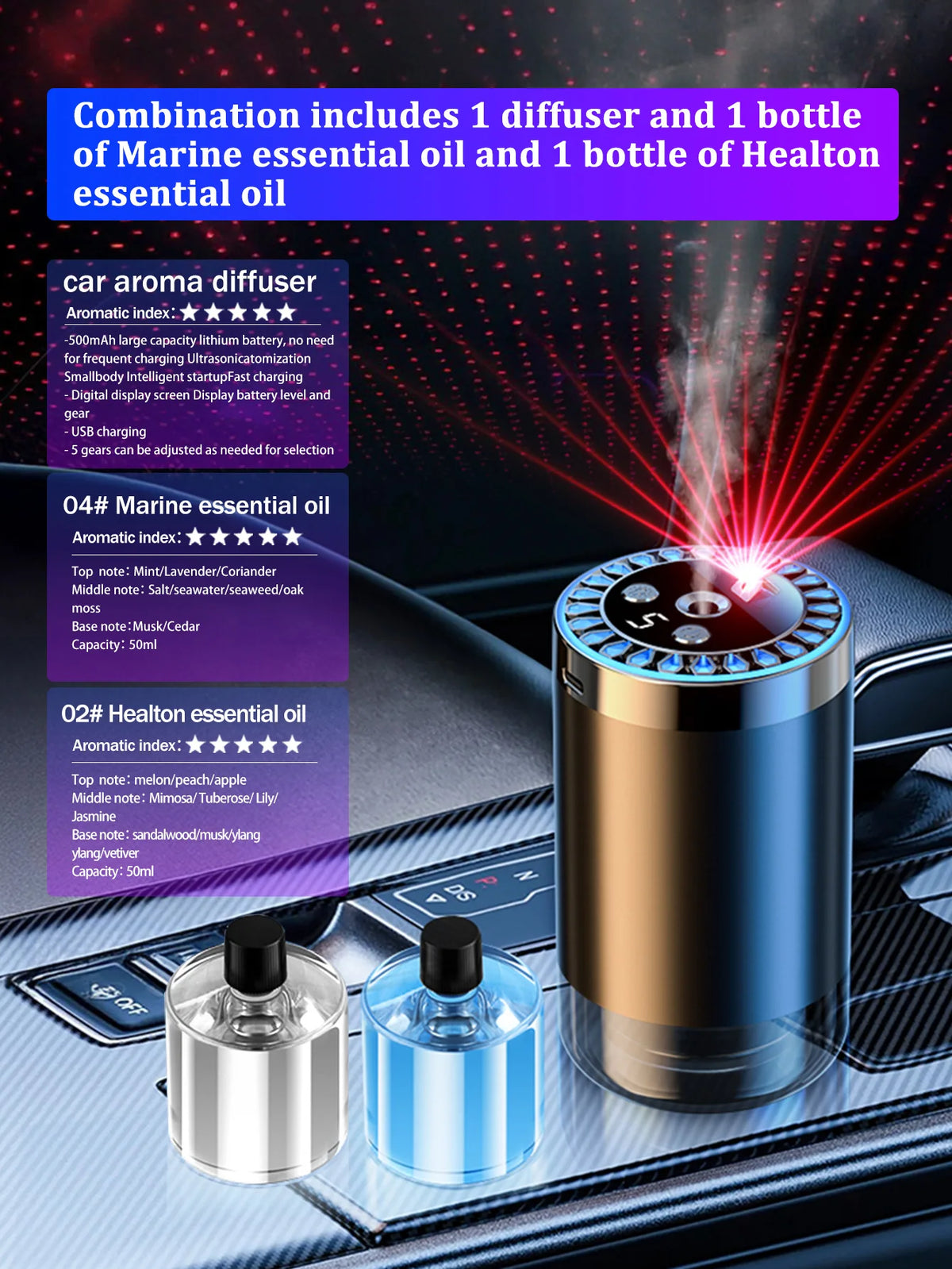 Difusor de aroma de coche recargable, aceite esencial aromático, luces coloridas, luces románticas de cielo estrellado, regalo de dormitorio