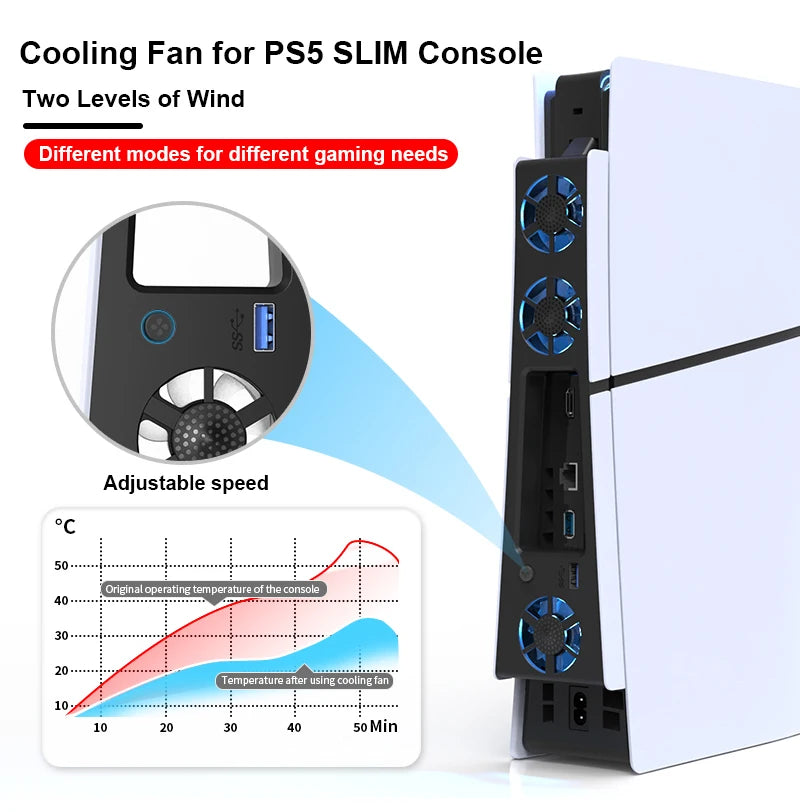 Ventilador de refrigeración para juegos, sistema de refrigeración eficiente con luz LED y reducción de ruido para consola PS5 Slim, versión con disco y digital