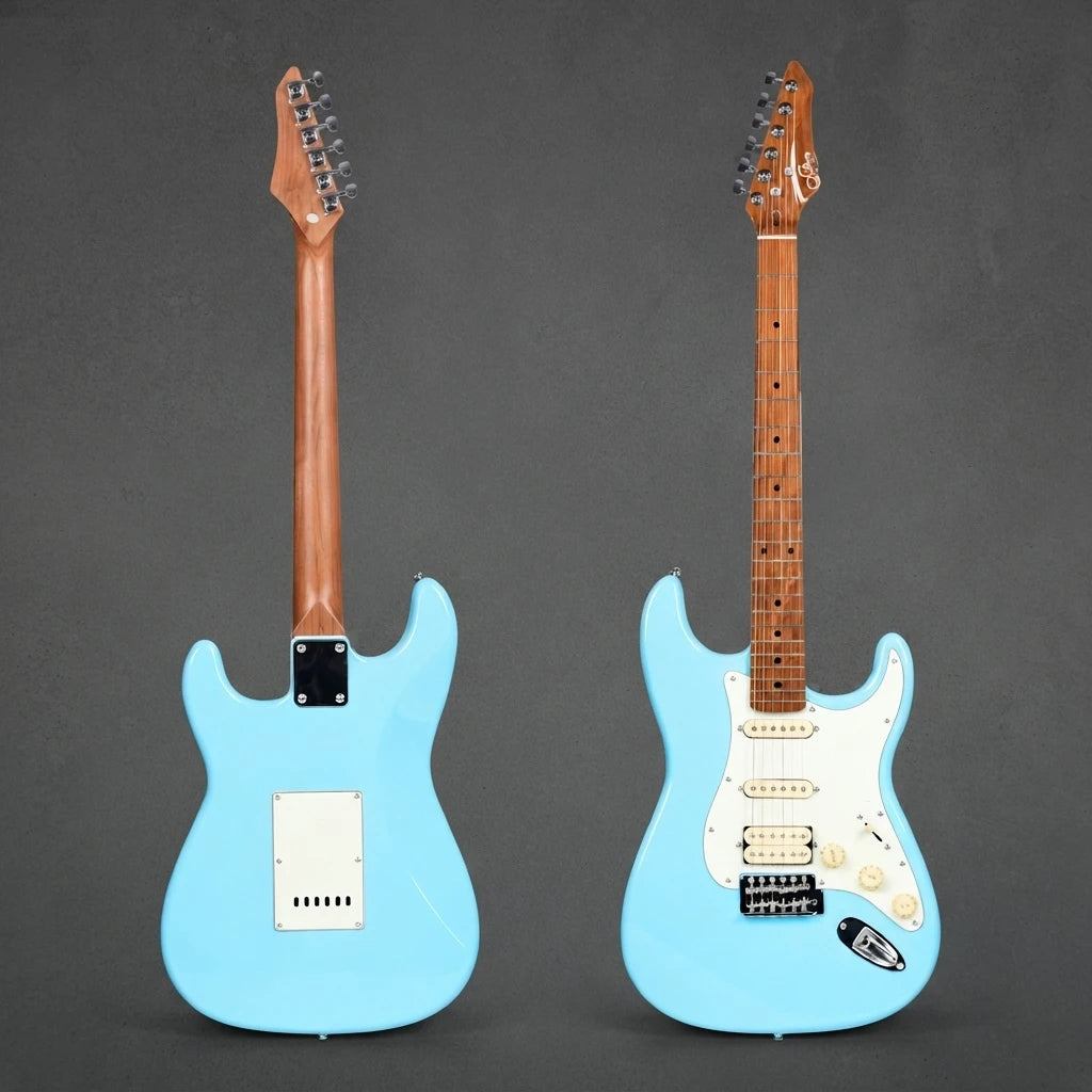 Guitarra eléctrica de estilo rock ST PRO 22, con trastes, pastillas Alnico 5 HSS, mástil de arce, cuerpo con acabado brillante, herrajes cromados, 6 cuerdas, ideal para guitarristas de rock.