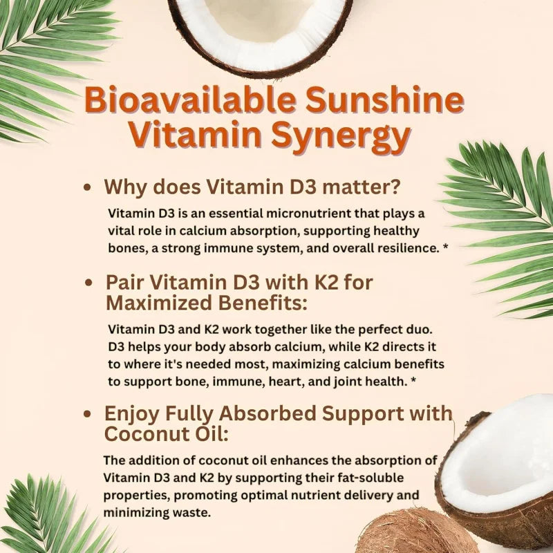 Vitamina D3 10000 UI Plus K2 |   Complejo de vitaminas D y K 2 en 1 |   Apoya la Absorción del Calcio, la Salud Ósea, Inmunitaria y del Corazón, 30 piezas