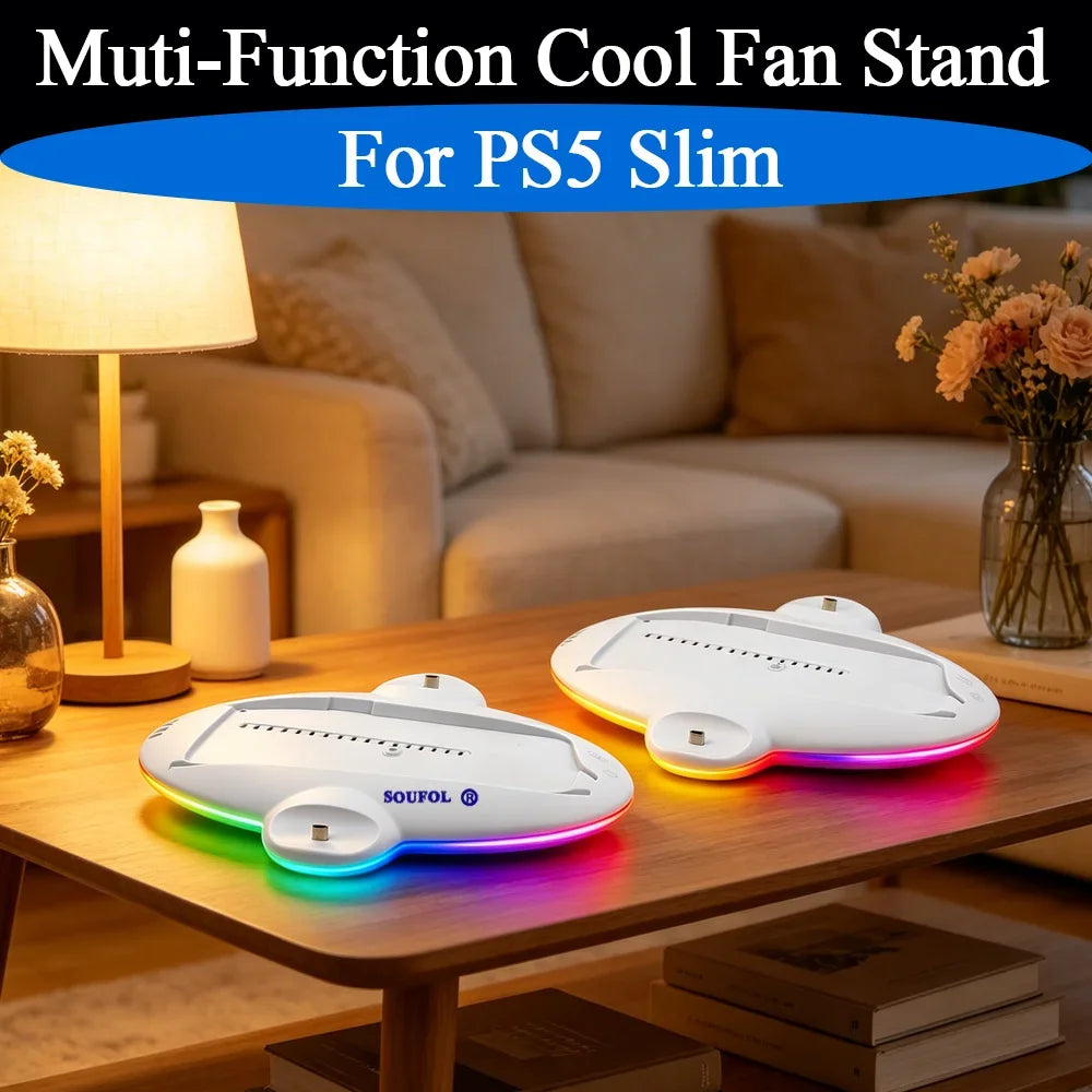 RGB Vertical Stand Charging Dock For PS5 Slim Muti-function Cooling Fan Stand With LED Light For PS5 Slim Console Accessories