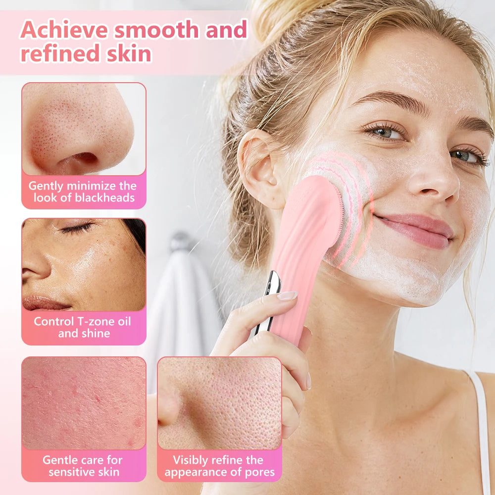 Cepillo de Limpieza Facial Eléctrico de Silicona con Vibración y Calor, Cepillo para Lavar la Cara a Prueba de Agua con 5 Velocidades Ajustables