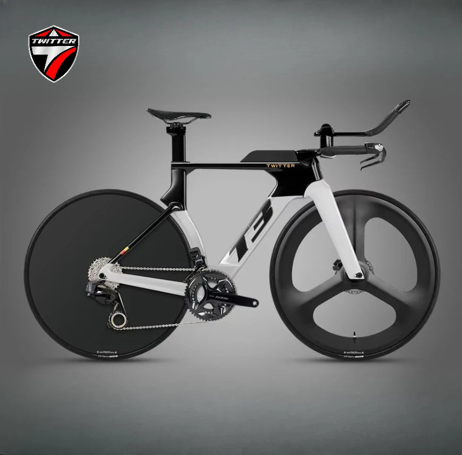 Bicicleta de carretera TWITTER T3 TT Racing de fibra de carbono, con cambio electrónico inalámbrico WheelTop TX-TT7110-2*12S y frenos de disco hidráulicos