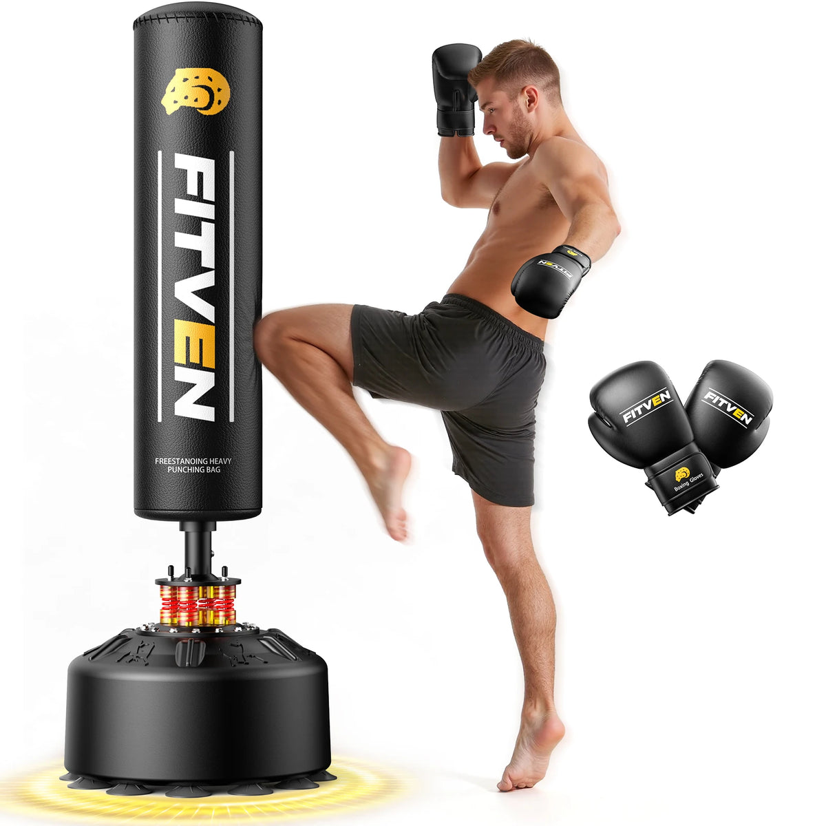 FITVEN Saco de Boxeo Independiente con Guantes de Boxeo, Saco de Boxeo Pesado con Base de Ventosas para Adultos y Niños, Saco de Boxeo de Pie para Hombres