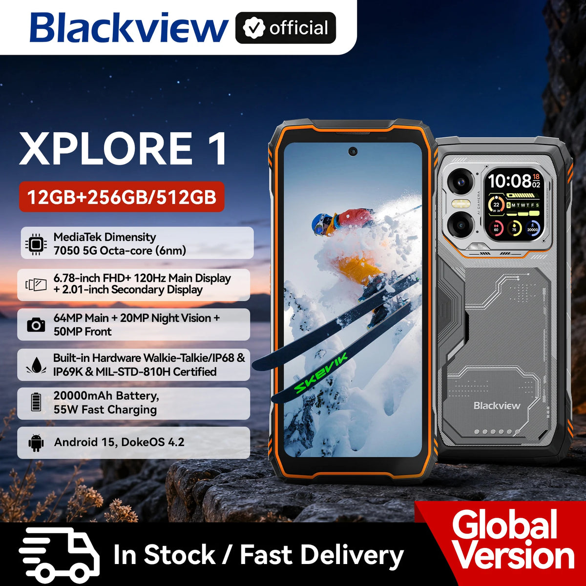 Smartphone rugerizado Blackview XPLORE 1 Outdoor 5G Android 15, pantalla 2.4K de 6,78'', 16 GB+512 GB, 20000 mAh, teléfono móvil resistente al agua