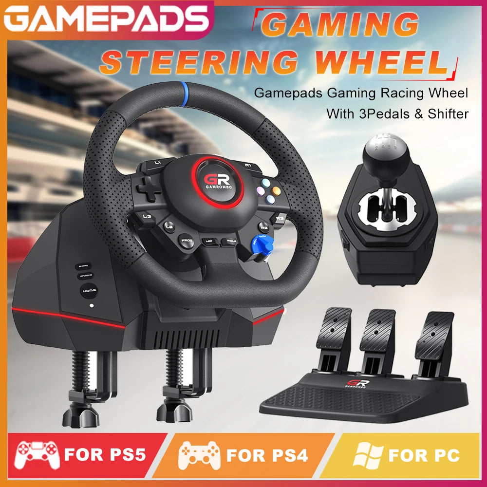 Volante de carreras para juegos F127 con giro de 270° y 900°, iluminación RGB, compatible con PS5/PS4/PC, ajuste macro, sensor Hall, juego de 3 pedales y palanca de cambios