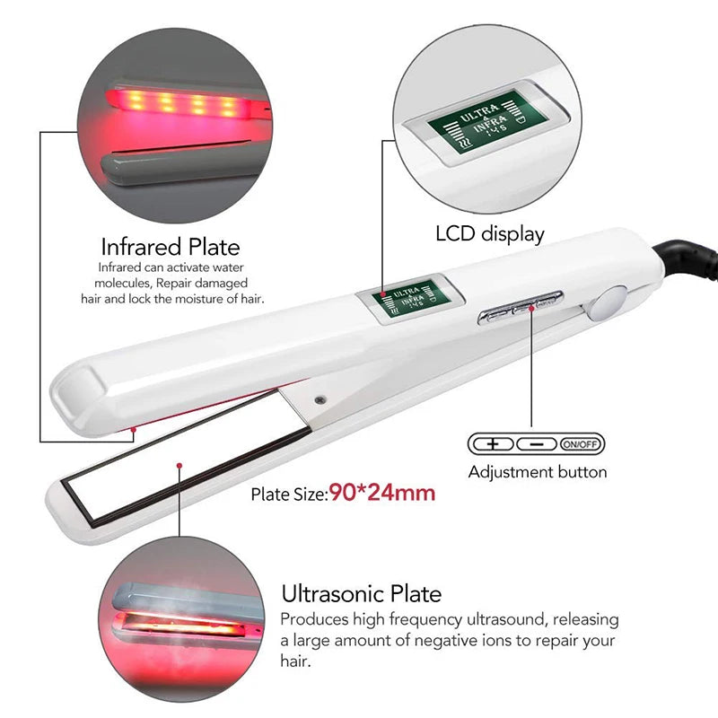 Plancha de Pelo Profesional con Ultrasonido e Infrarrojos para el Cuidado del Cabello Frío, Repara el Cabello Dañado, Encrespado y Seco, Herramienta de Estilizado