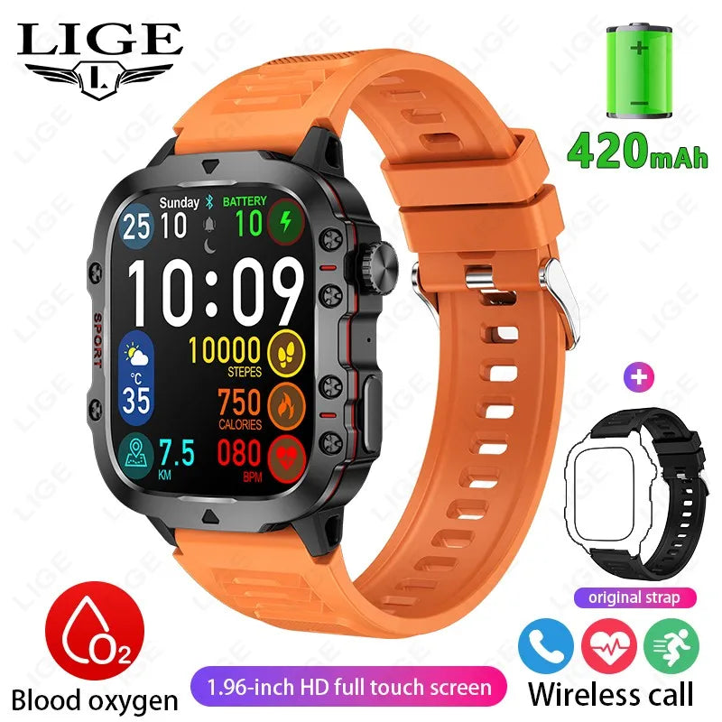 LIGE Nuevo Reloj Inteligente Pantalla de 1.96 Pulgadas 420 mAh Llamada Bluetooth Asistente de Voz Reloj Deportivo Fitness Reloj Inteligente Impermeable para Hombre