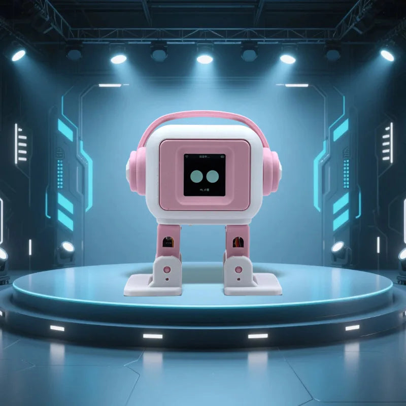Robot mascota de juguete rosa con pantalla frontal, auriculares y base circular