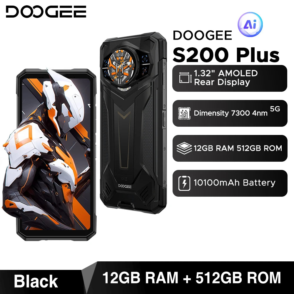 Estreno mundial del teléfono inteligente ultra resistente DOOGEE S200 Plus 5G con IA, Dimensity 7300, pantalla trasera de 1,32", 12+512 GB, pantalla de 6,72" y batería de 10100 mAh