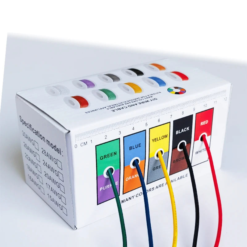 Cable de cobre estañado de silicona para bricolaje, 16-30AWG, 5 colores, 5-20 metros por eje, cable trenzado