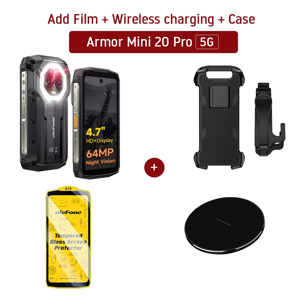 Ulefone Armor Mini 20 Pro Teléfono resistente de 4,7" Smartphone 5G Android 14 6200mAh 16GB(8+8) 256GB 64MP Visión nocturna Carga rápida de 33W