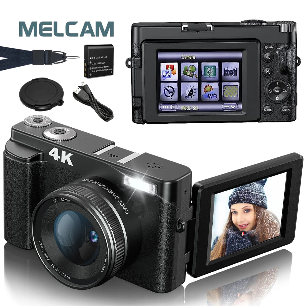 Cámara digital 4K para fotografía y vídeo Cámara de vlogging compacta antivibración con enfoque automático de 48 MP 3'' 180 °   Pantalla abatible con Flash