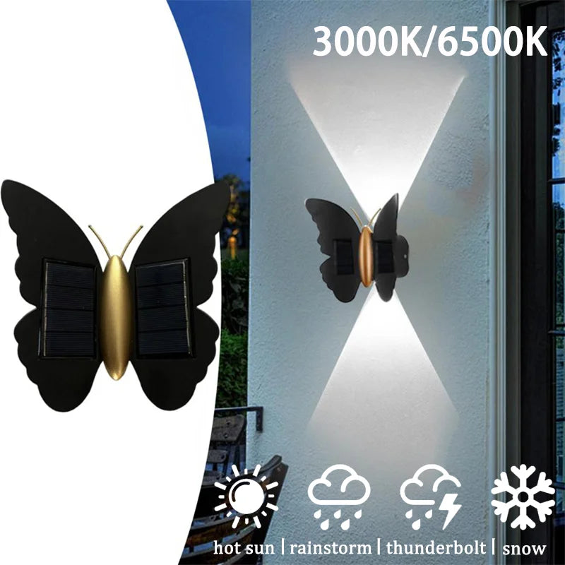 Outdoor LED Solar Butterfly Wall Light Waterproof Night Lamp for Garden Fence Balcony Courtyard Pathway Yard Decoration