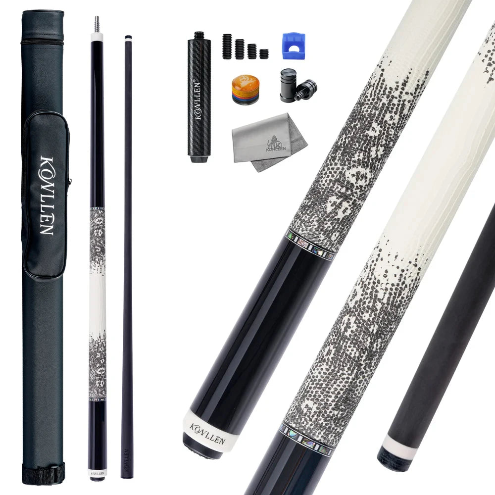 Taco de billar KONLLEN 2.0 de fibra de carbono con flecha Pro Taper de baja deflexión, 58 pulgadas, punta de 12.5 mm / 11.8 mm, pin radial e incrustaciones de ébano real.