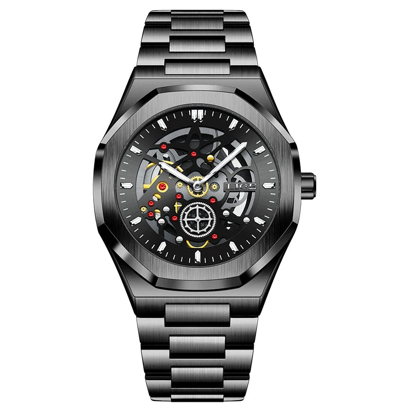 Reloj LIGE de lujo para hombre, diseño esqueleto automático, reloj de pulsera de cuarzo con esfera, impermeable, luminoso, con correa de acero para hombre