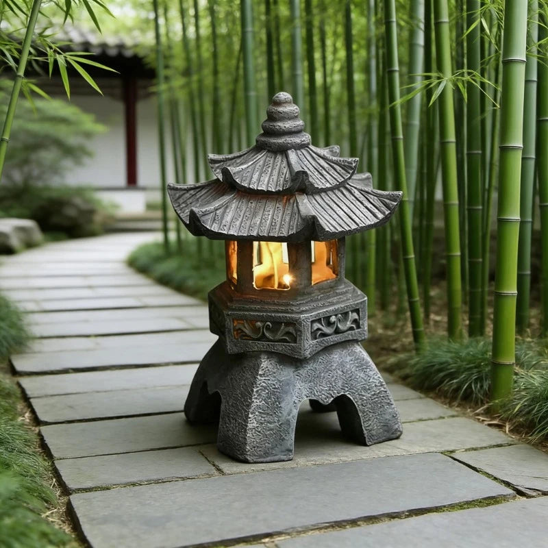 Lámpara Solar Decorativa de Jardín con Forma de Pagoda Zen, Farol Chino de Piedra, Lámpara de Palacio para Exteriores, Adorno de Patio