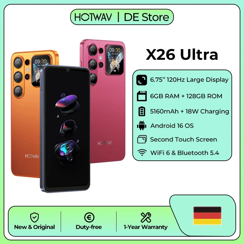 Smartphone HOTWAV X26 Ultra 6.75'' con pantalla grande de 120Hz, ultradelgado, Cyber Island, cámara de 13MP, 6GB de RAM, 128GB de ROM, batería de 5160mAh, carga rápida de 18W, ligero, global, 4G, WiFi 6, Android 16, procesador octa-core con selfie