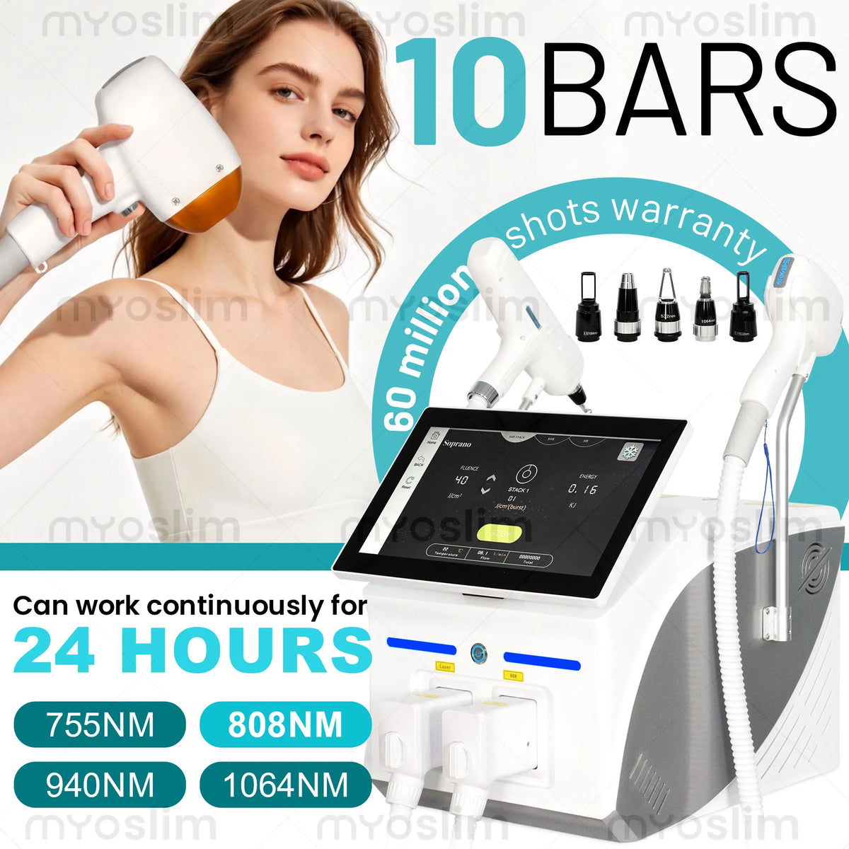 Máquina de Depilación Láser de Diodo 808 2 en 1 FAC Myoslim 10Bars, Máquina de Eliminación de Tatuajes de Picosegundos, Rejuvenecimiento de la Piel con 4 Longitudes de Onda