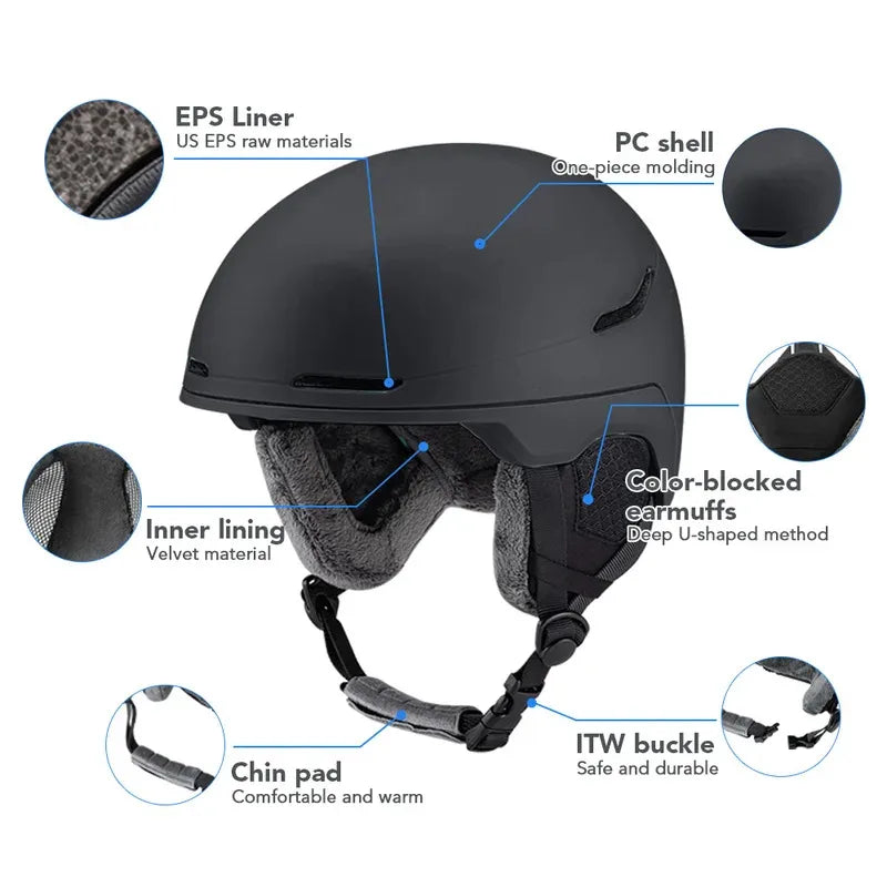 Casco de esquí de seguridad para hombres y mujeres, ligero, con forro de EPS, carcasa de PC engrosada, interior de terciopelo ajustable, casco de snowboard, casco de bicicleta