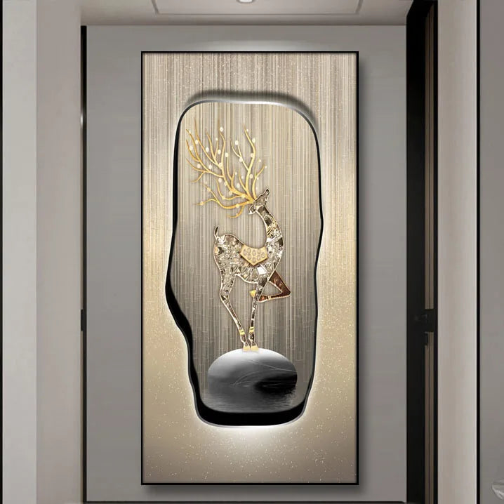 Cuadro decorativo LED con ciervo dorado, marco negro y luz suave en el contorno