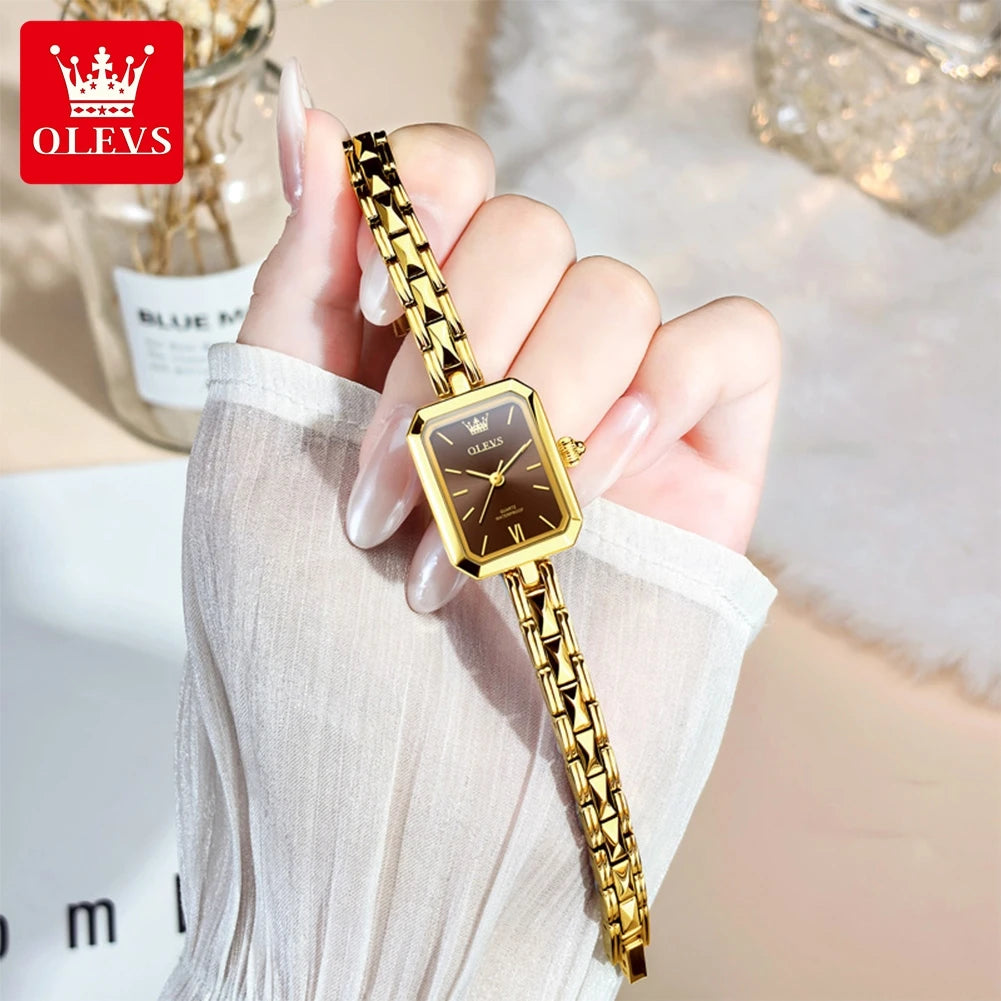 OLEVS Fashion Rectangle Women Watches Luxury Stainless Steel Gold Bracelet Analog Quartz Wristwatch For Ladies Clock Reloj Mujer