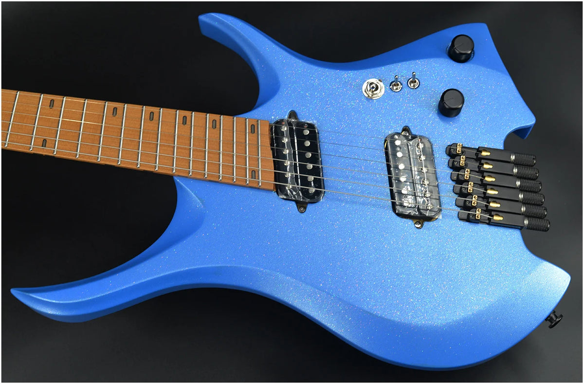 Guitarra NK 2026 con trastes en abanico, 6 cuerdas, cuello con unión en cuña, sin cabeza, eléctrica, color metalizado, cuello de arce tostado de 5 capas