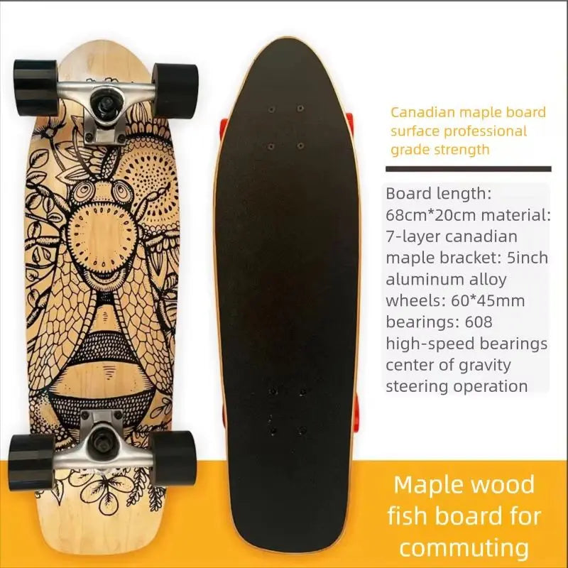 MapleWoodLand Surf Skate Big Fish Board Surfskate Single Kick Skateboard con Ruedas Grandes para Principiantes, Uso Diario y Cruising Urbano